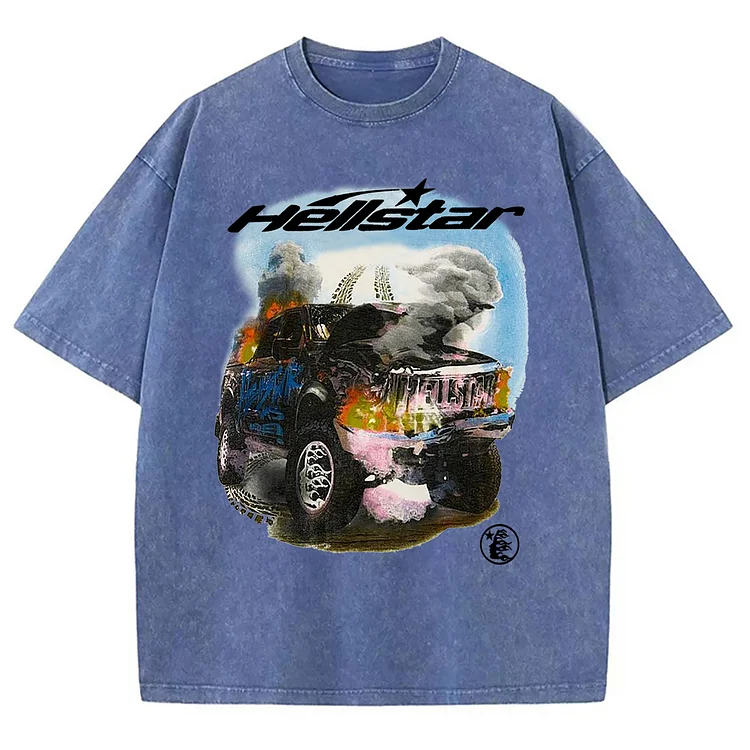 Men's Vintage Hellstar Graphic Printed Acid Washed Short Sleeve T-Shirt