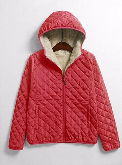 FTLZZ Winter Casual Short Cotton Coats Women Hooded Diamonds Partern Artificial Fleece Inside Outwear Femme Slim Overcoat