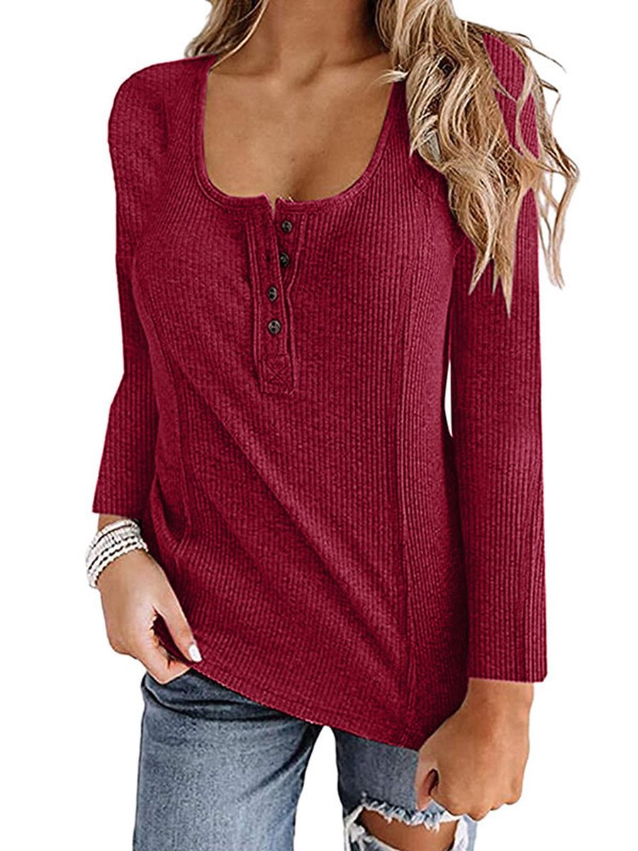 Women's Solid Button Long Sleeve Tops