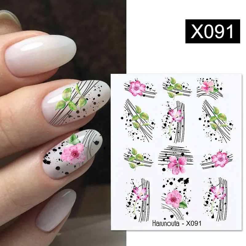 Harunouta Black Lines Flower Leaves Water Decals Stickers Floral Face Marble Pattern Slider For Nails Summer Nail Art Decoration-Nail Inspo