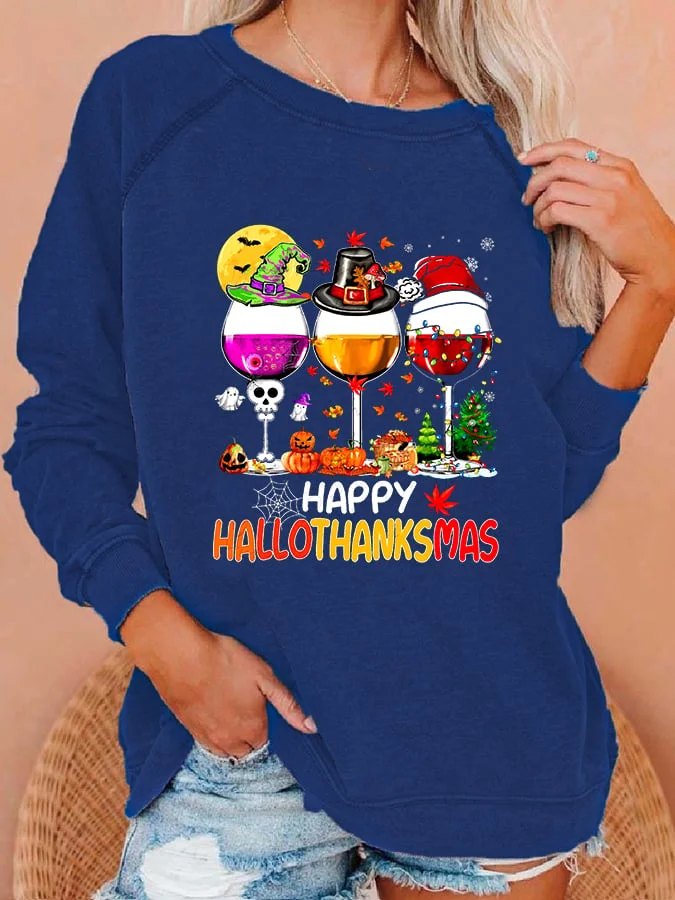 Women Happy Hallothanksmas Wine Print Sweatshirt