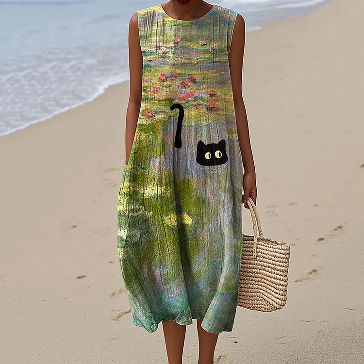 Abstract Creative Oil Cat Claude Monet Style Painting Art Linen Tank Dress