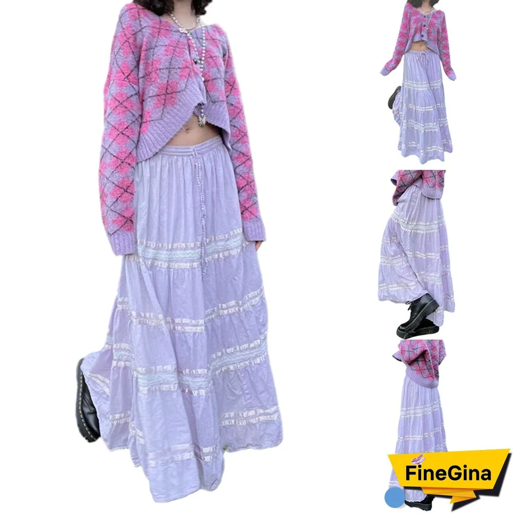 Fairy Grunge Long Skirt Aesthetic High Elastic Waist Tie Up Skirts Y2k Women Lace Patchwork Skirt Streetwear