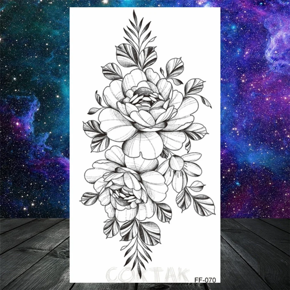 Lotus Flower Temporary Tattoo For Women Girls Snake Peony Lily Rose Chains Tattoos Sticker Black Blossom Fake Transferable Tatoo