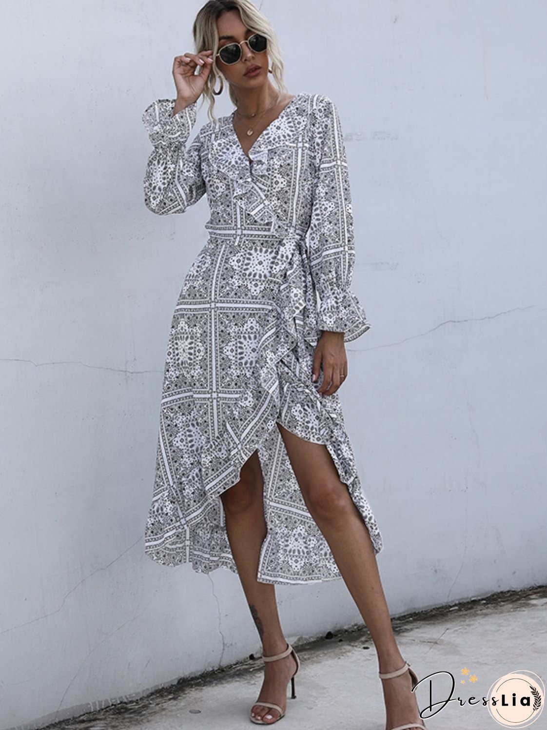 Perfee Ruffled Slit Surplice Long Sleeve Dress