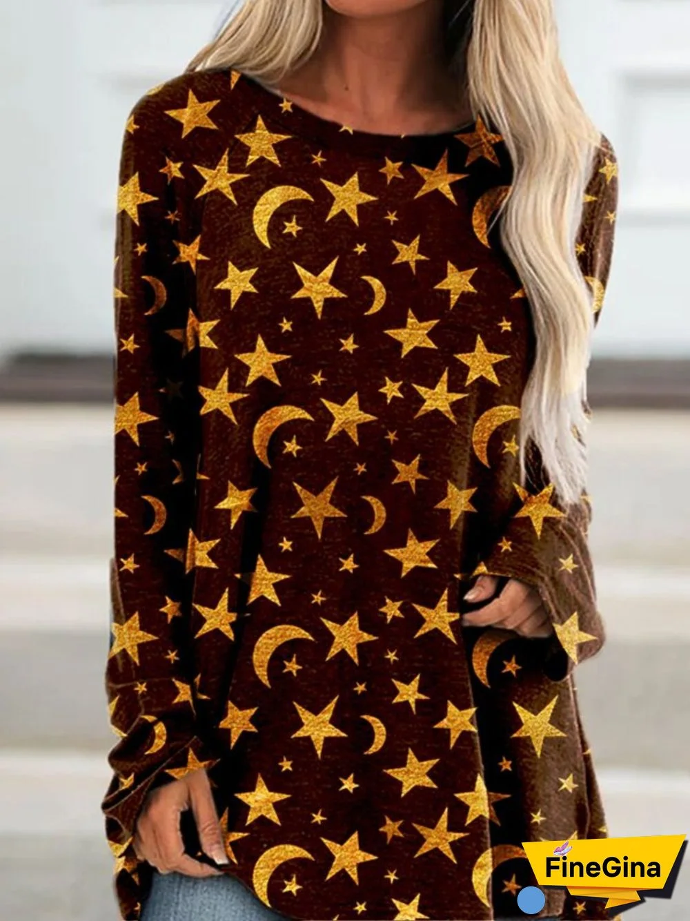 Casual Long Sleeve Round Neck Plus Size Printed Tops T-shirts