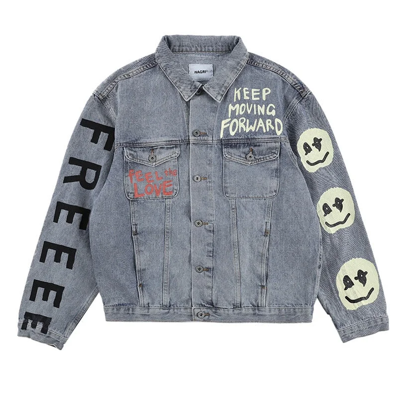 Kanye West KIDS SEE GHOSTS Graffiti Mens Jeans Jackets Streetwear Casaco Masculino Denim Coats Hip Hop Windbreaker Bomber Jacket