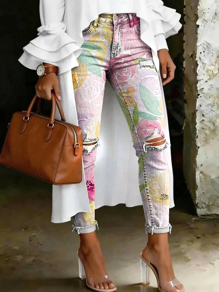 Women's Fashion Watercolor Roses Art-print Casual High-waisted Skinny Ripped Jeans