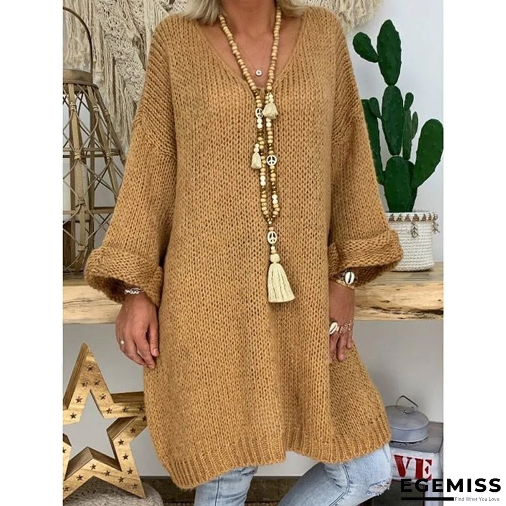 Drop Shoulder V-Neck Knitted Sweater Dresses | EGEMISS