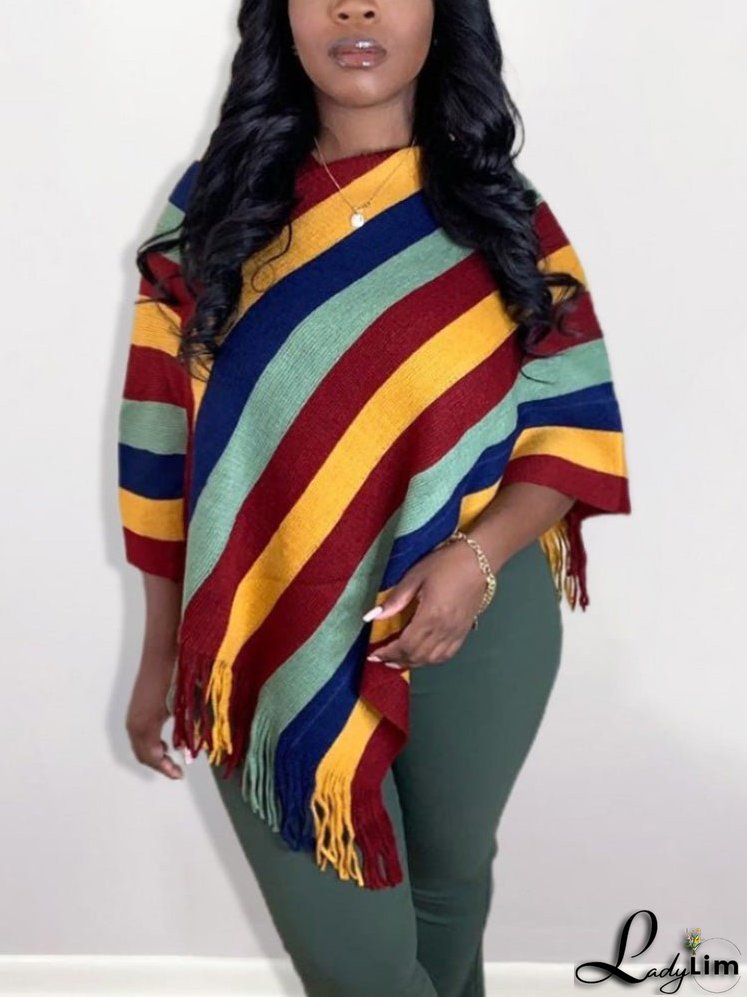 Knitted Striped Tassel Poncho