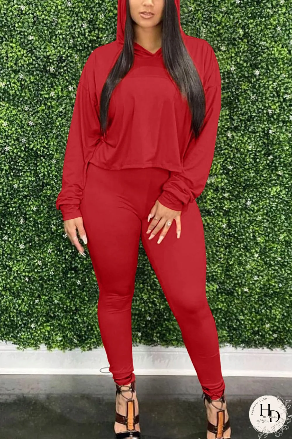 Red Casual Split Joint Hooded Collar Long Sleeve Two Pieces