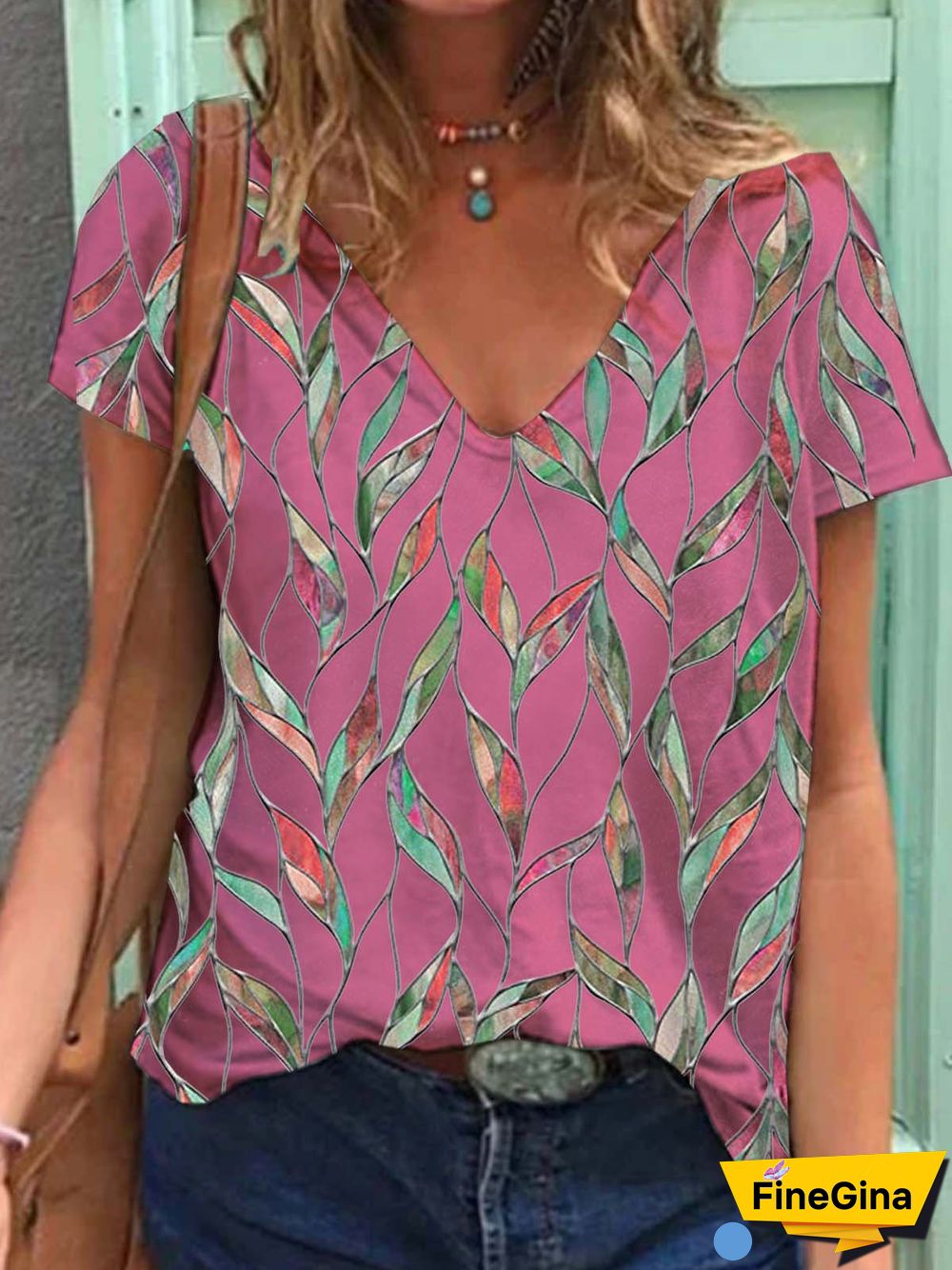 Leaves Short Sleeve Printed Cotton-blend V neck Holiday Summer Pink Top