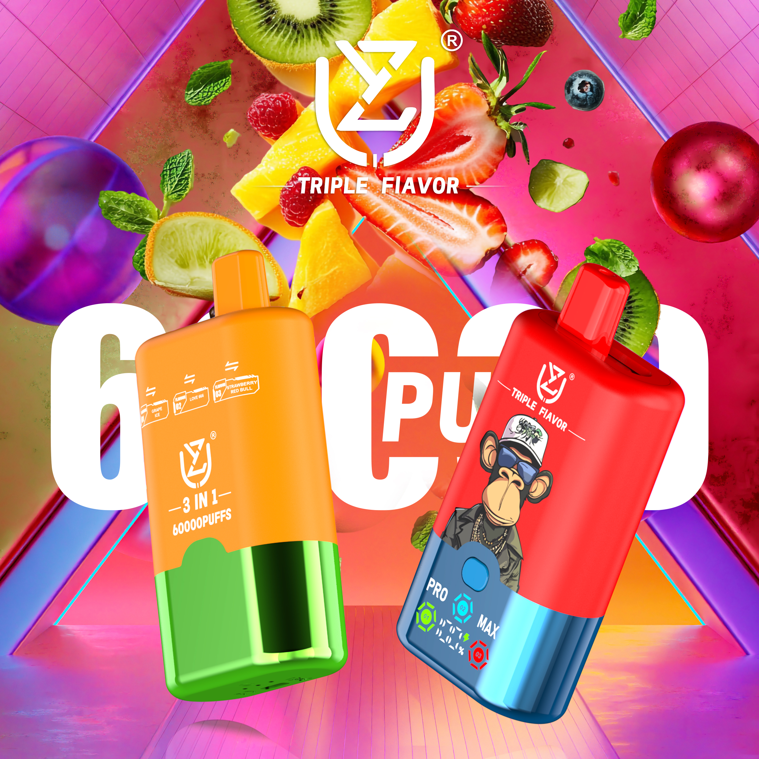 UZY Triple Flavor 60000 60K Puffs 3 in 1 Flavors Newest Original Rechargeable LED Display Disposable Vape(Box of 3) mysite fumotvapeshop