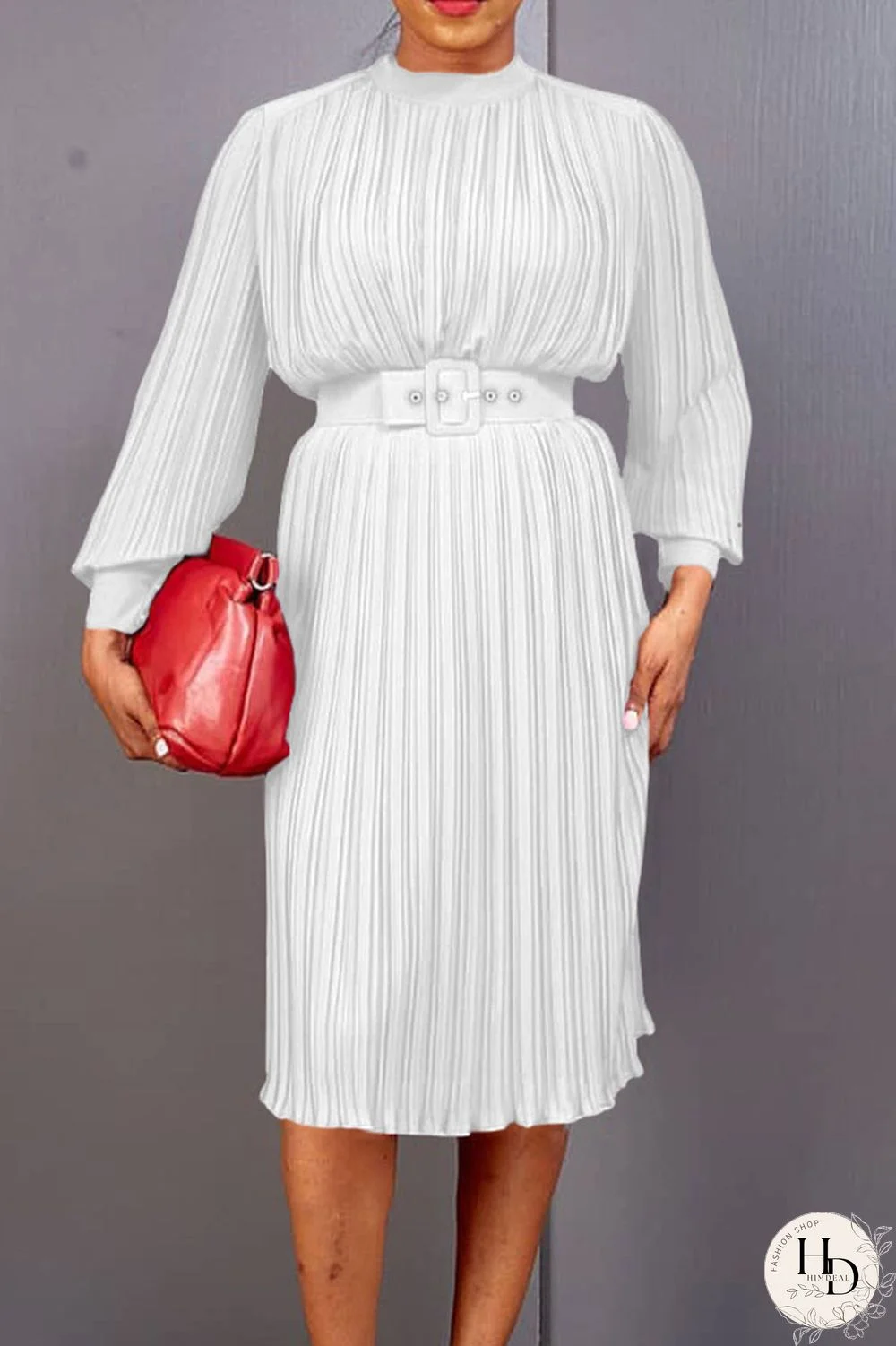 White Casual Solid Patchwork Fold With Belt O Neck Straight Dresses