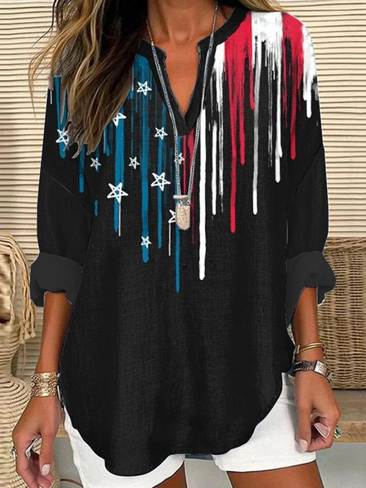 Comstylish Women's Independence Day Print Casual Long Sleeve V-Neck Blouses