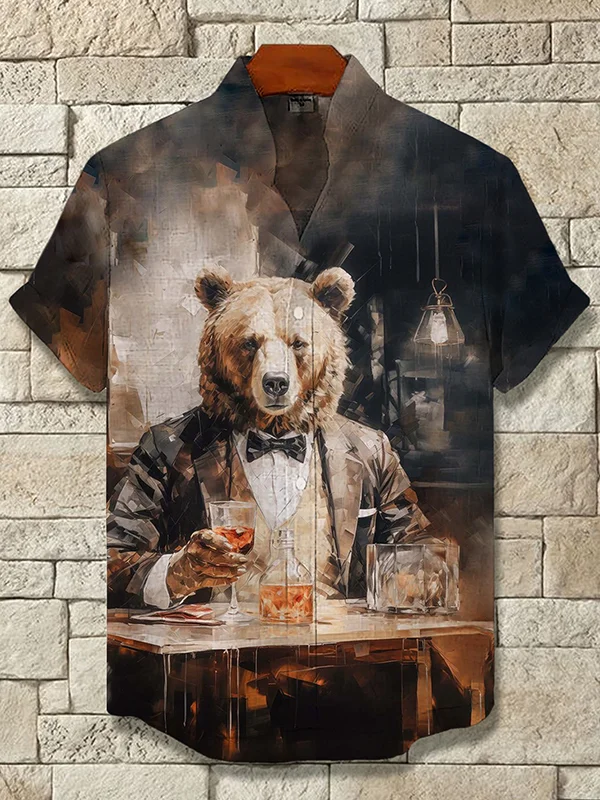 Men's Gentleman Bear Wine Art Print Casual Shirt