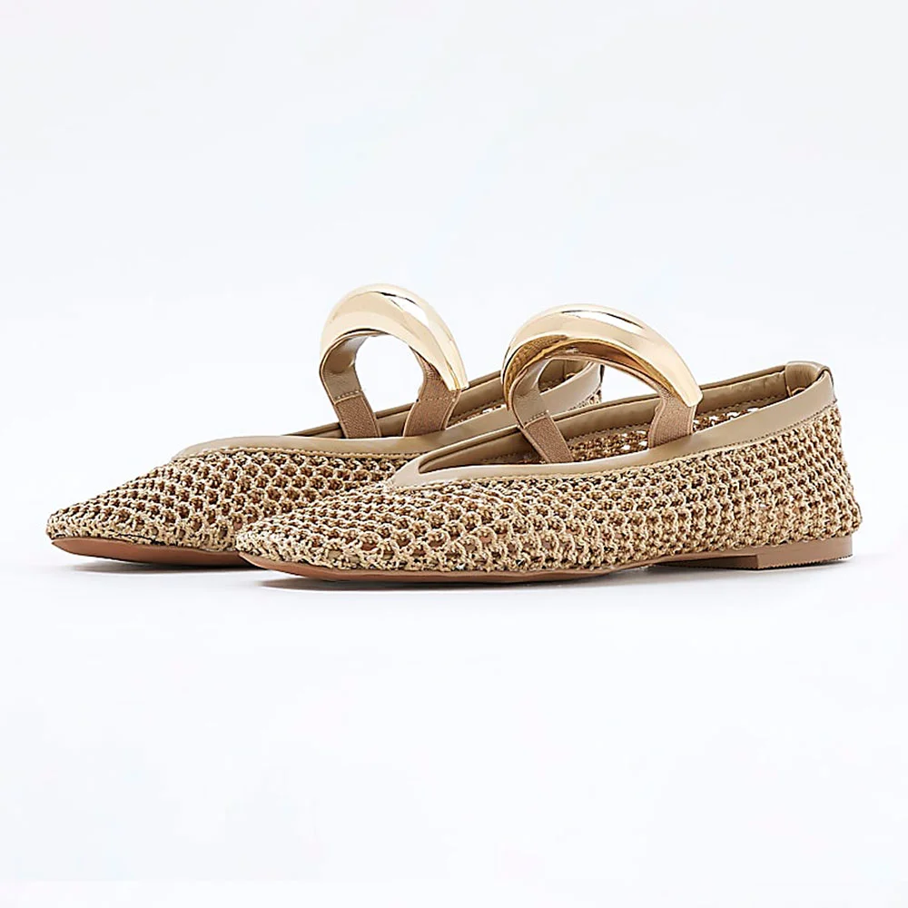 Beige Round Toe Crochet Gold Metal Strap Flat Shoes for Women