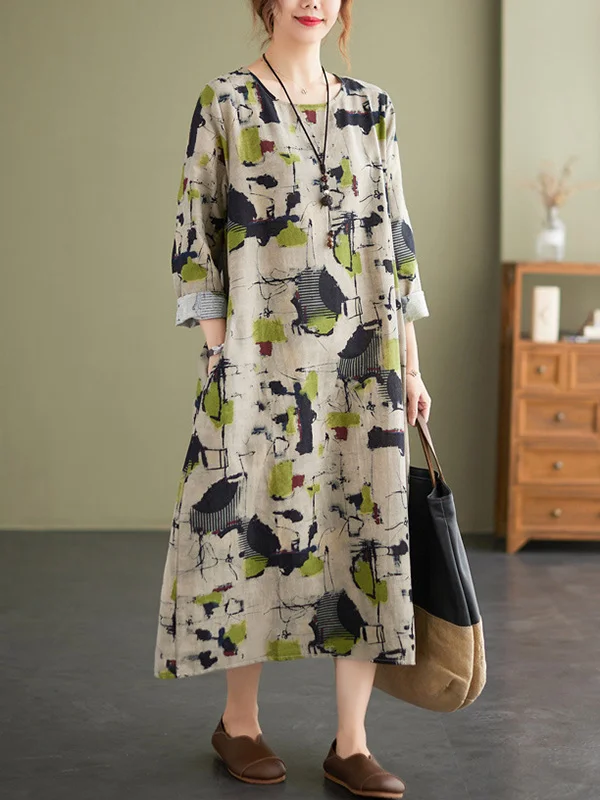 Artistic Retro Ramie Cotton Printed Round-Neck Long Sleeves Loose Midi Dress