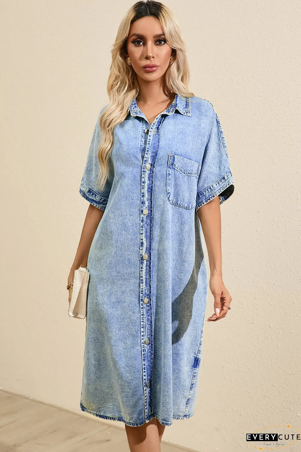 Denim Shirt Dress with Button Pockets