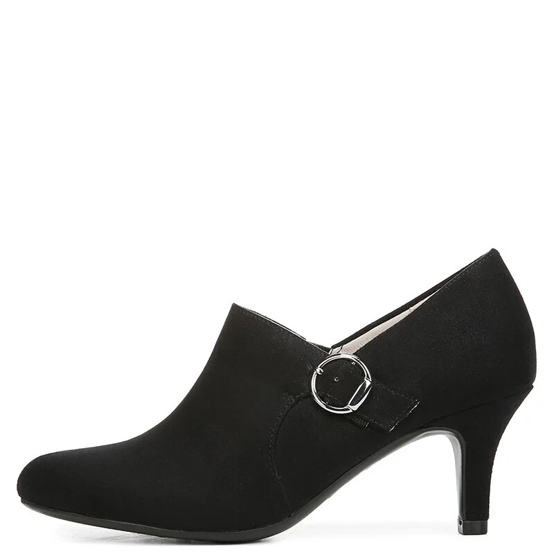 TAAFO Black Ankle Boots Woman High Kitten Heels Round Toe Booties Ladies Buckle Strap Shoes 