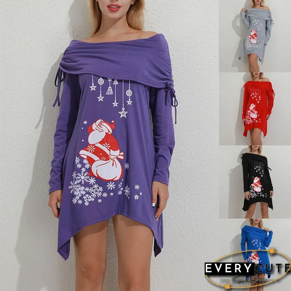 Fashion Women Christmas Dress Santa Claus Snowflake Print Foldover Collar Ruched Irregular