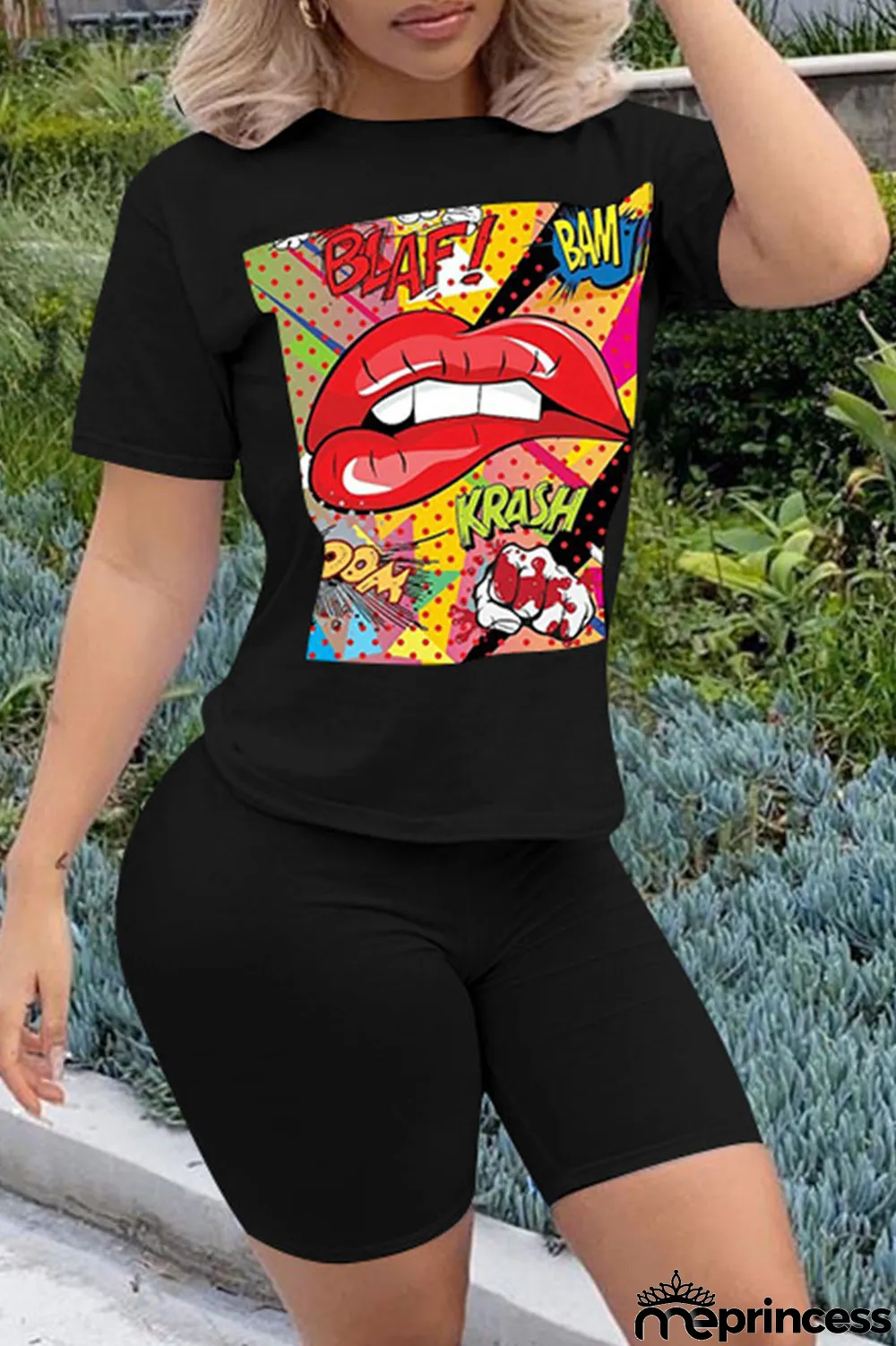 Orange Casual Letter Print Split Joint O Neck Short Sleeve Two Pieces