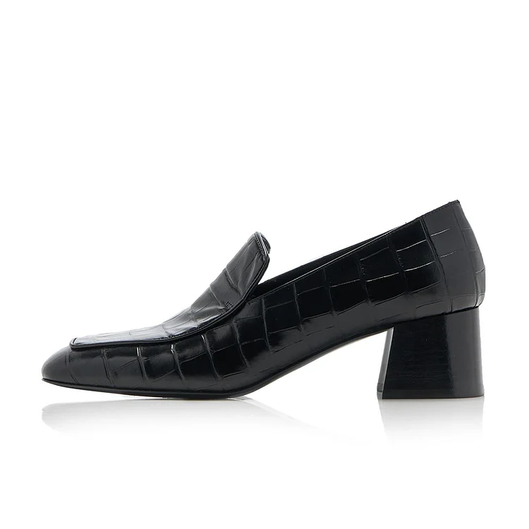Black Croco Embossed Square Toe Block Heeled Loafers for Women |FSJ Shoes