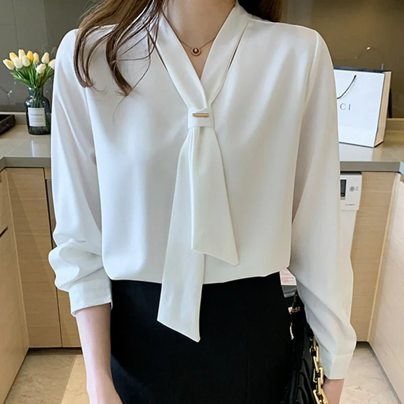 2021 Office Long Sleeve White Woman Shirt Korean Chiffon Women Blouse  with Tie Fashion Tops V Neck Loose Female Clothing 13022