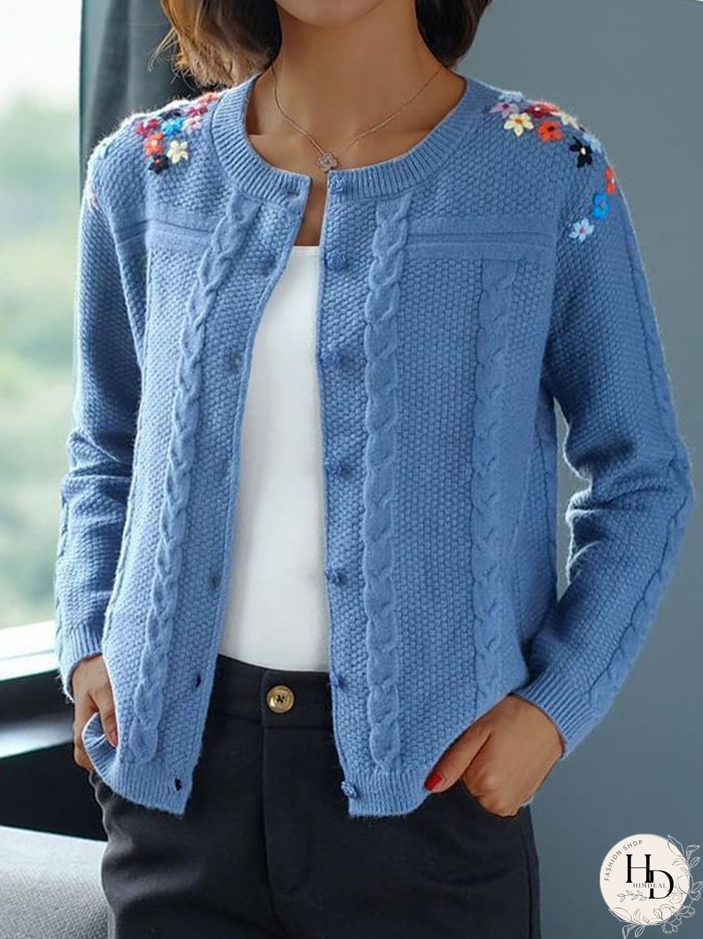 Women Fashion Floral Embroidery Cable Knit Button Front Sweater Jacket