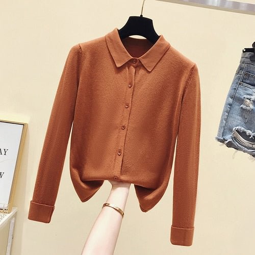 Spring Autumn Long Sleeve Single Breasted Women Sweater Polo Collar Knitted Cardigan Loose Lazy Lapel Bottoming Shirt Coat 11181