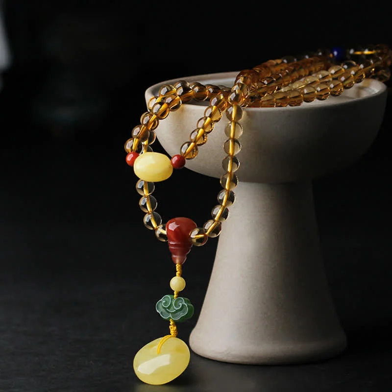 Natural Citrine Amber 108 Mala Beads Peace Buckle Red Agate PiXiu Protection Charm Bracelet