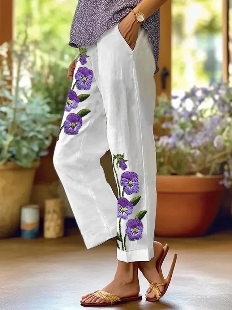 Comstylish Women's Purple Flower Alzheimer's Awareness Support Casual Pants