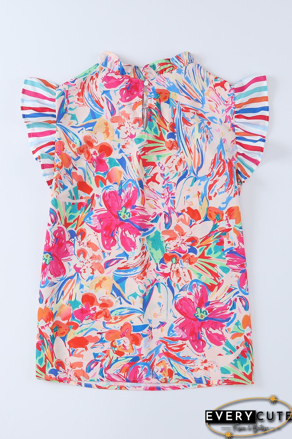 Multicolor Abstract Striped Patchwork Ruffled Short Sleeve Blouse