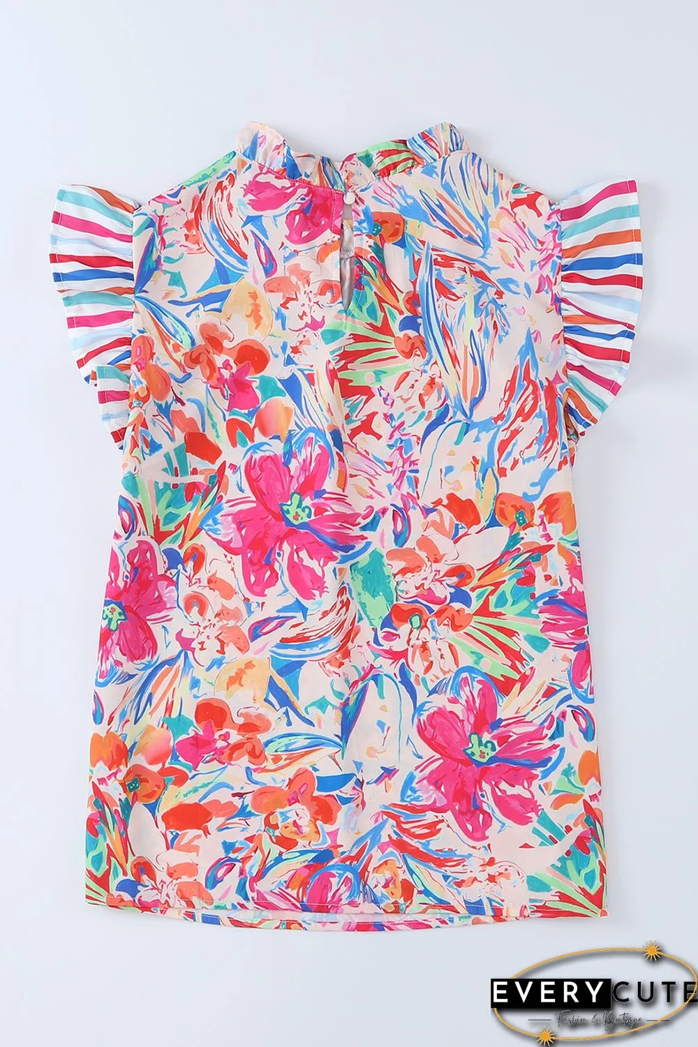 Multicolor Abstract Striped Patchwork Ruffled Short Sleeve Blouse