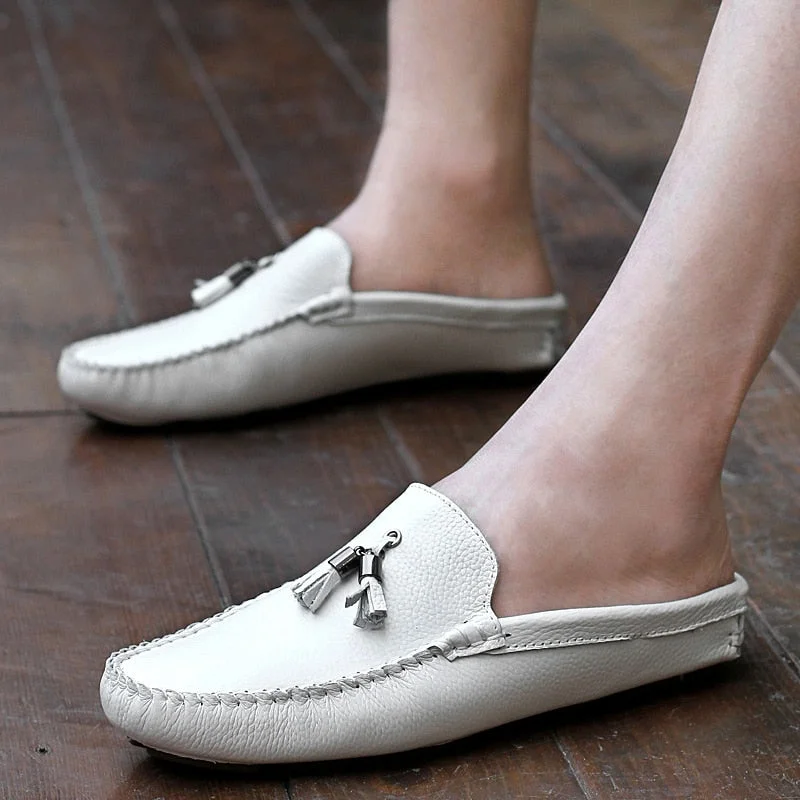 Tassel Half Shoes For Men Summer Genuine Leather Loafer Slip-On Slippers Casual Backless Driving Loafers For Man Mule Masculino