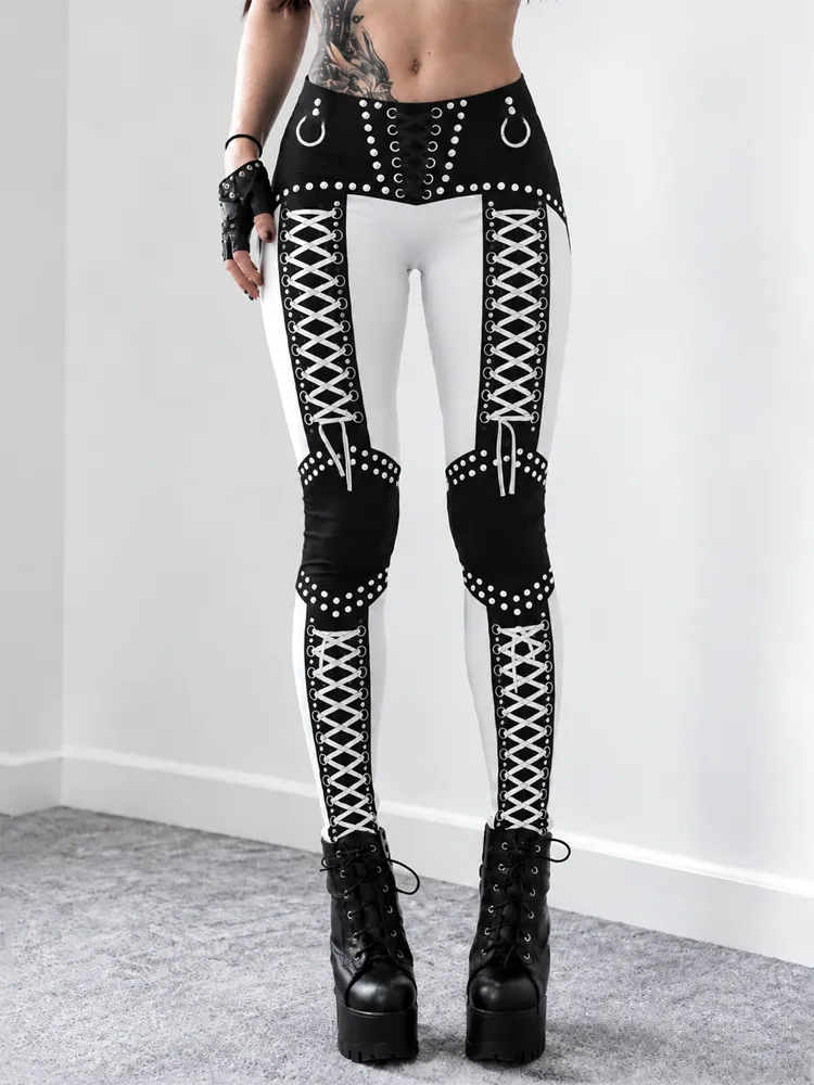 Comstylish Women's Gothic Rave Style Strappy Cross Print Leggings