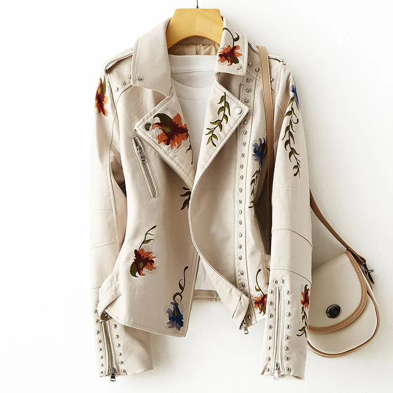 White Floral Leather Jacket