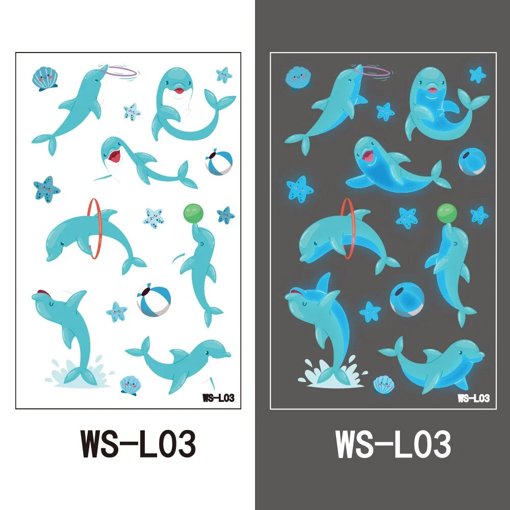 Luminous Night Temporary Tattoo Sticker Children Cartoon Stars Dolphin Butterfly Car Animal Waterproof Body Art Kids Fake Tatoo