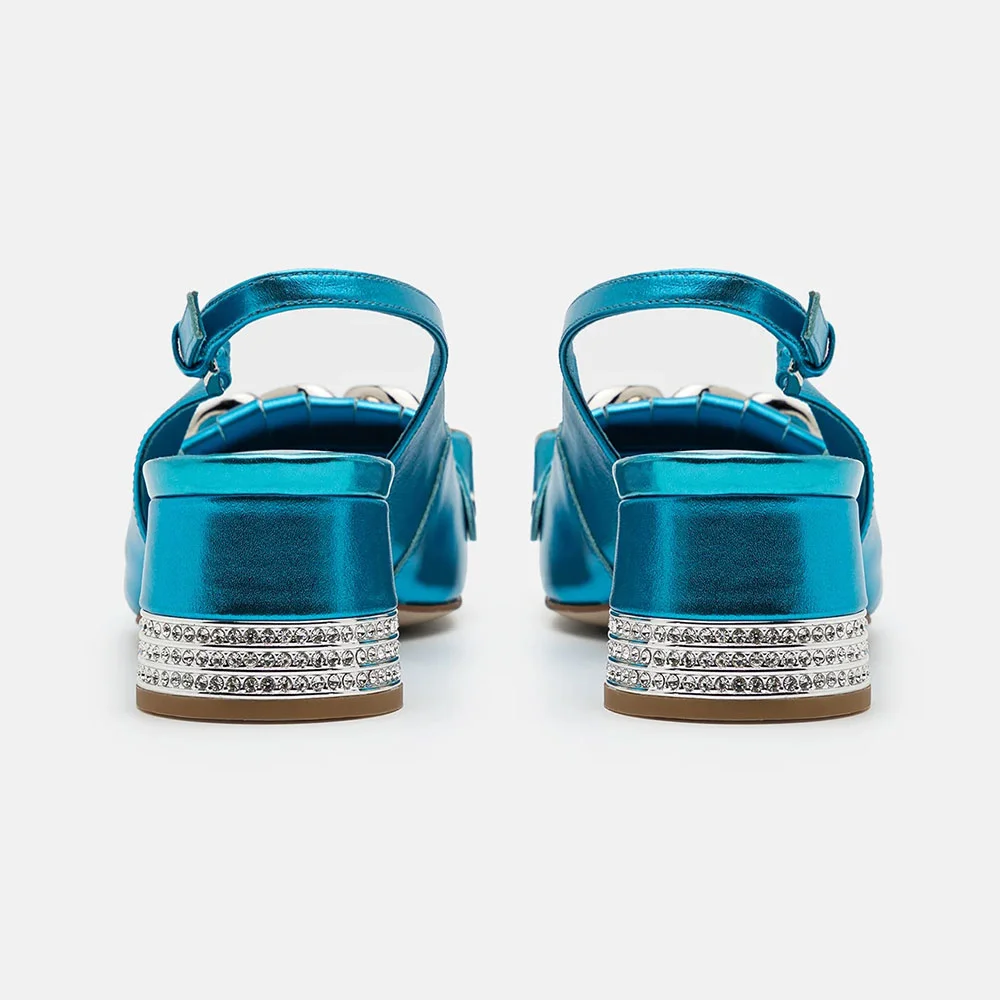 Blue Metallic Square Toe Slingback Rhinestone Fringe Chain Pumps Shoes
