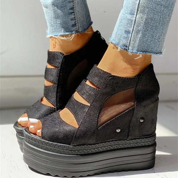 Side Zipper Peep Toe Patchwork Platform Sandals
