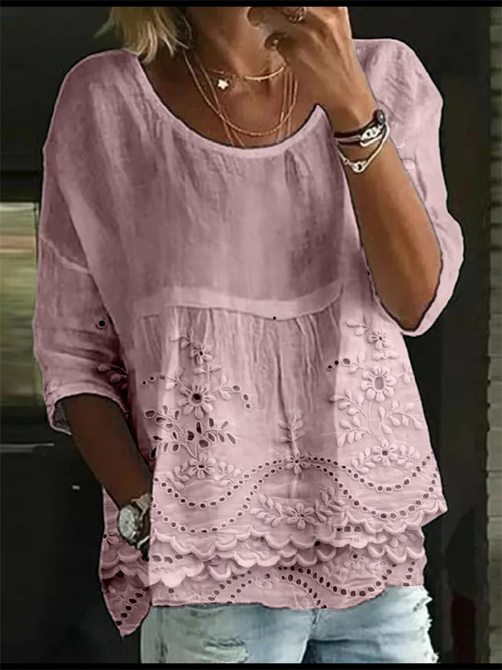 Summer Women's T-shirt Casual Printed Medium Sleeve Ruffled Round Neck Embroidery Top