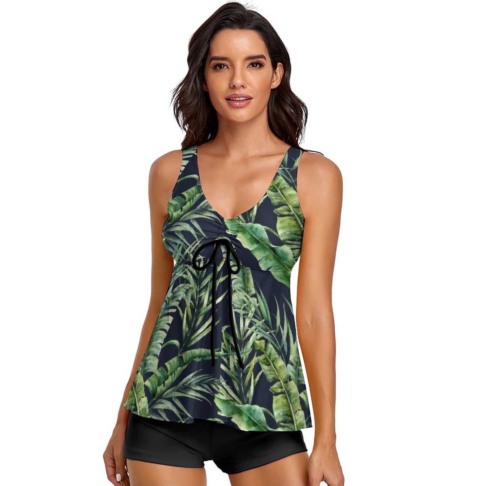 Women's Plant Two Piece Tankini Tummy Control Flowy Swimwear - Black Green