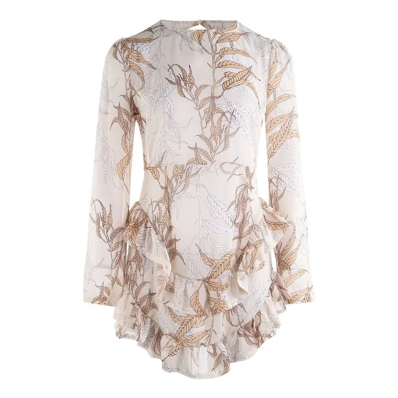 Summer fashion Backless Print Women Dress Elegant O-Neck Women Party Dress Spring Long Sleeve Ruffle Mini Dress Vestido