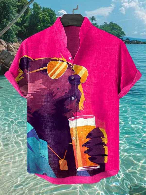 Men's Bear Vacation Drinking Beer Print Casual Shirt