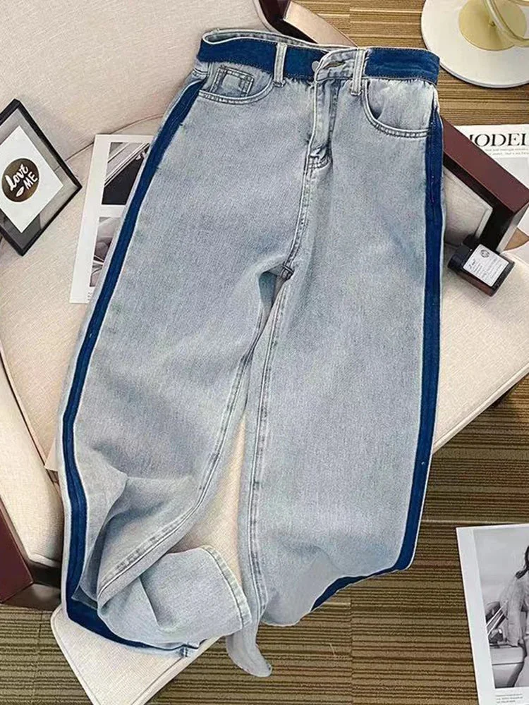 Huiketi High Street Women Jeans Summer Loose Thin Straight Denim Pants Blue Fashion Patchwork Female Trousers