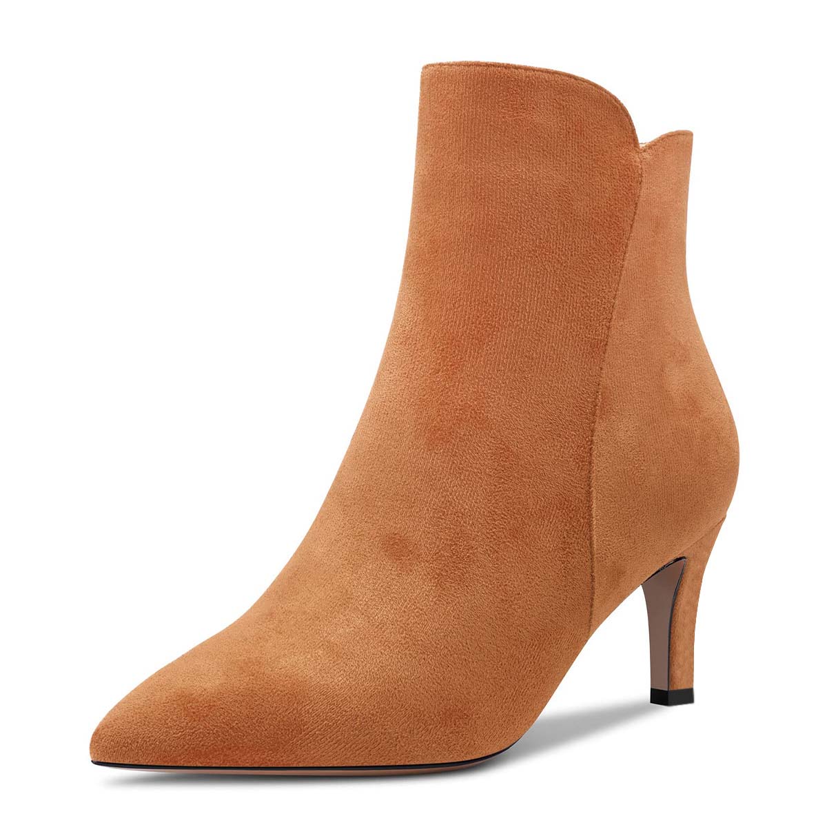 Brown Vegan Suede Zipper Pointed Toe Kitten Heel Booties for Women Nicepairs