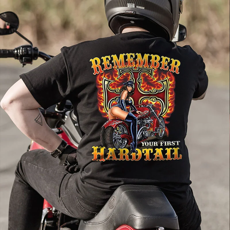 REMEMBER YOUR FIRST HARDTAIL Sexy Motorcycle Lady Print Men's T-shirt