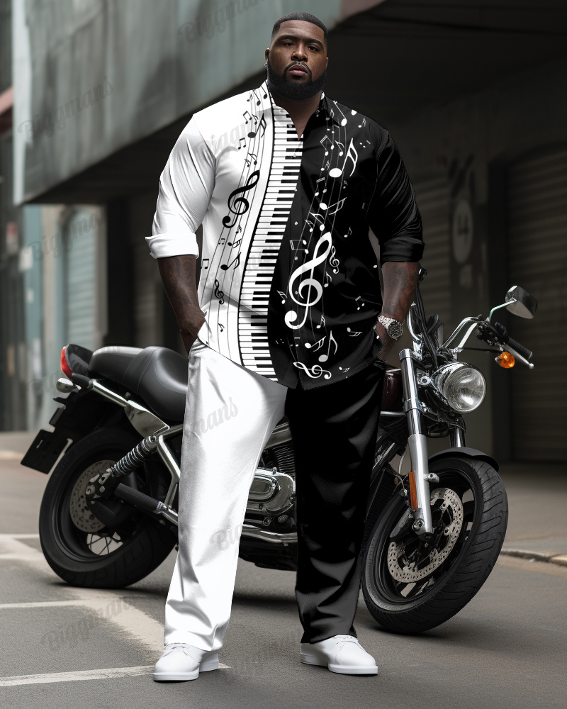 Elegant Musical Print Long Sleeve Lap Collar Shirt 2 Piece Set Big & Tall Men's 