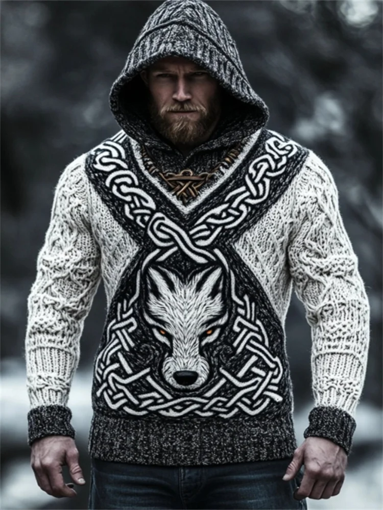 Men's Viking Wolf Celtic Contrast Cozy Chunky Hooded Sweater