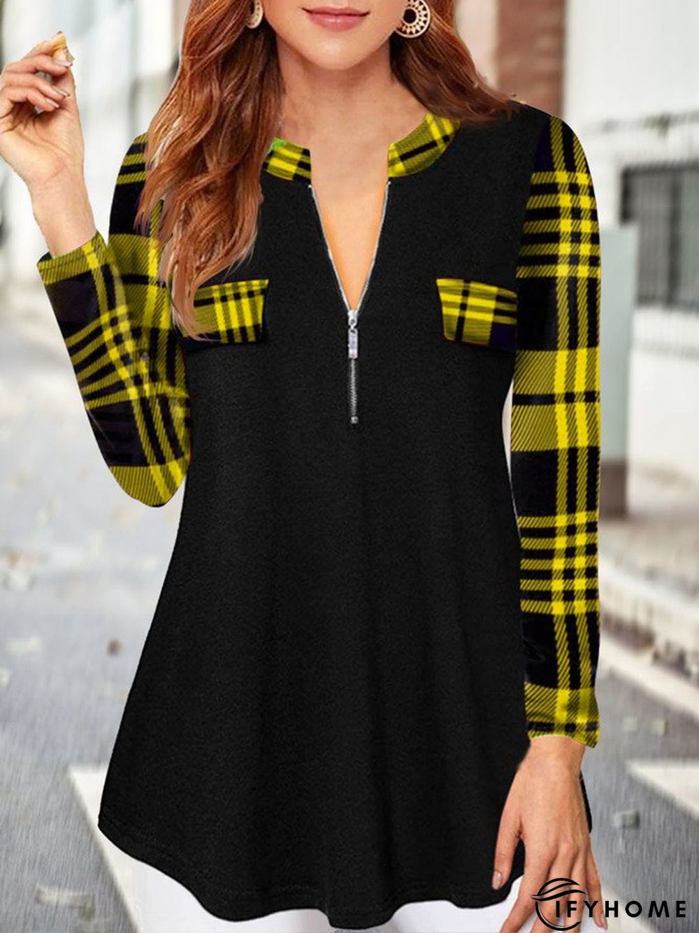 Long Sleeve V-neck Zipper Plain Geometric Plaid Tunics | IFYHOME
